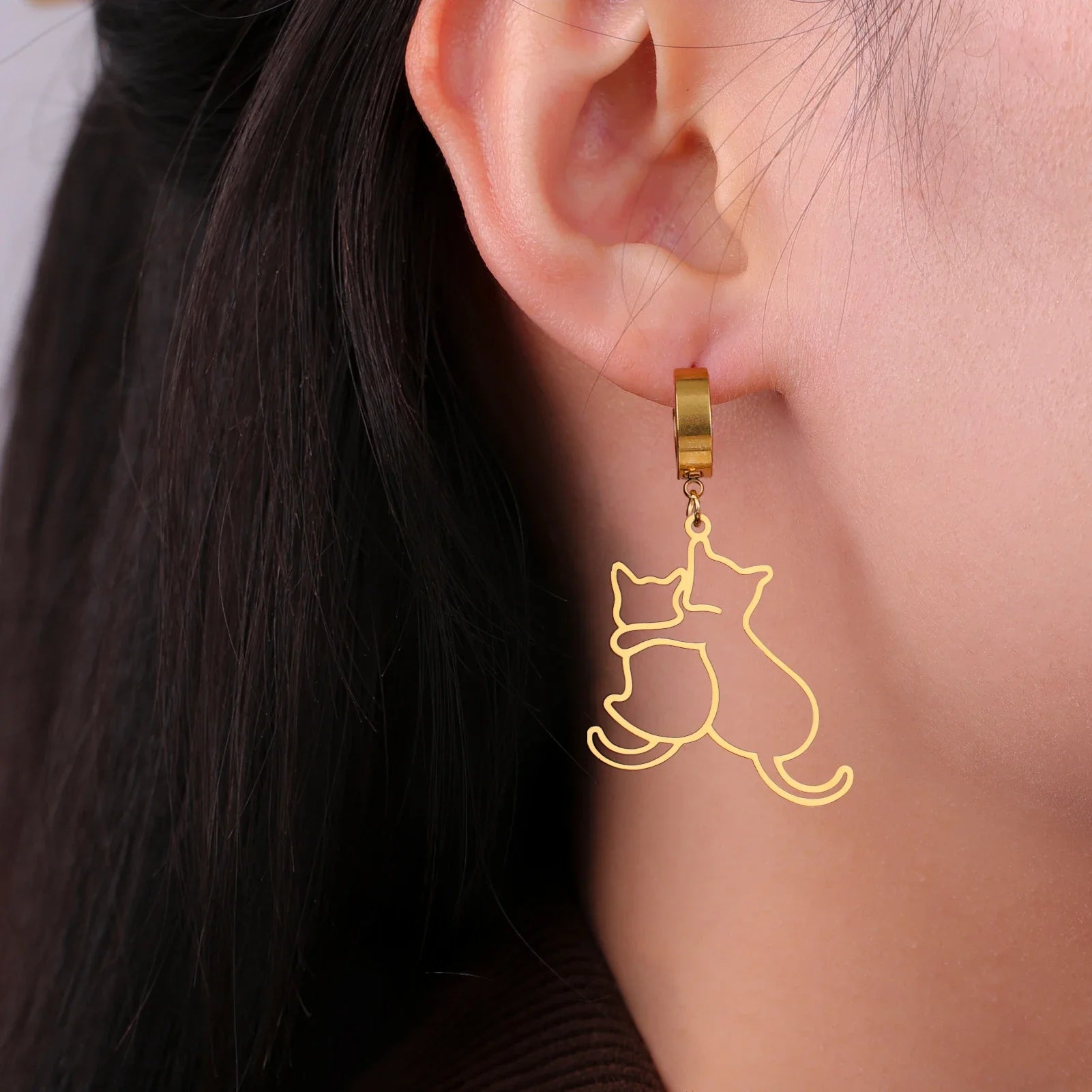 Hugging Cats Kittens Earrings for Women Girls Stainless Steel Cute Dog Dangle Earrings - PeticaDeals