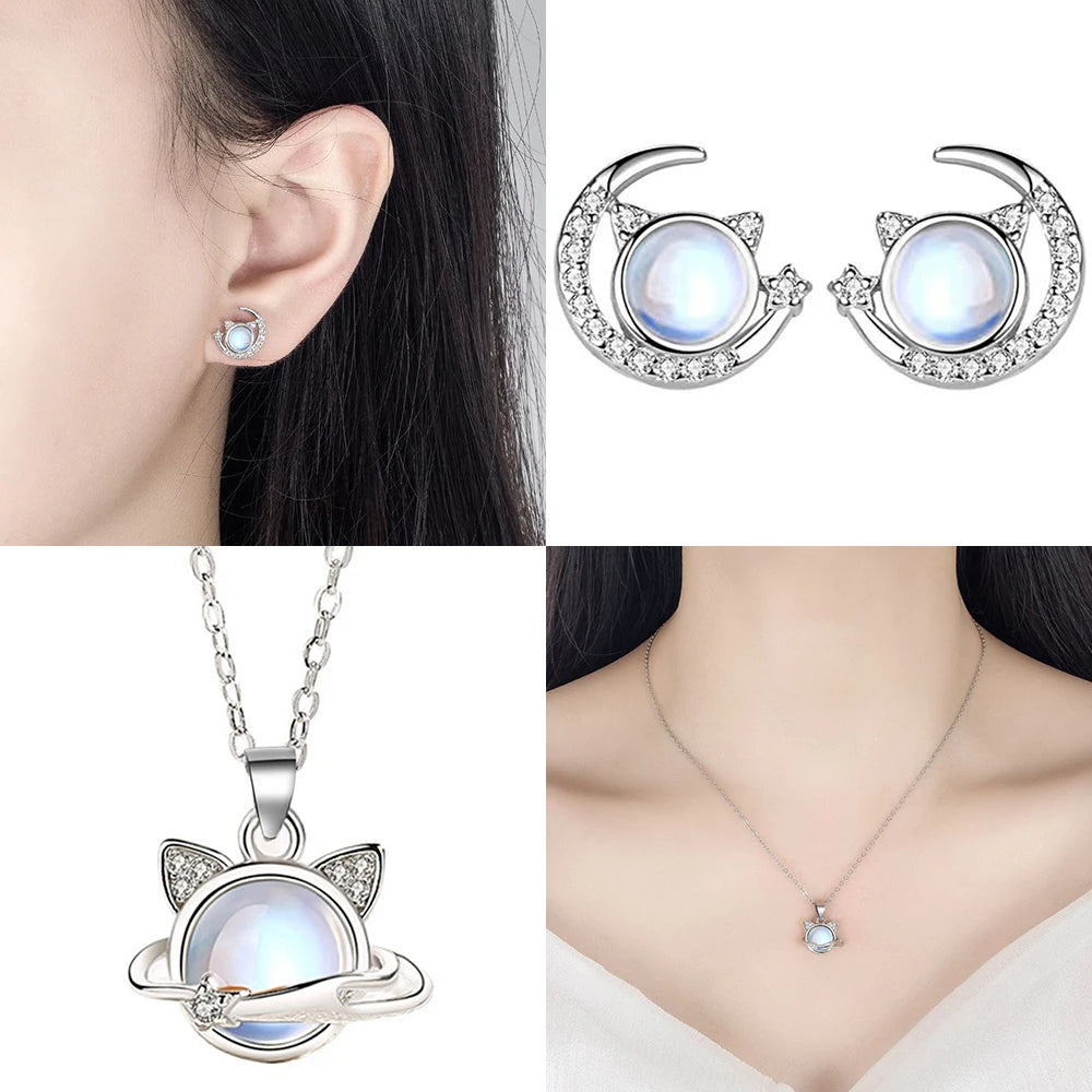 Jewelry Women's Fashion 925 Sterling Silver Opal Moon Crystal Earrings Necklace Set - PeticaDeals