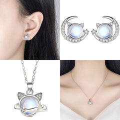 Jewelry Women's Fashion 925 Sterling Silver Opal Moon Crystal Earrings Necklace Set - PeticaDeals
