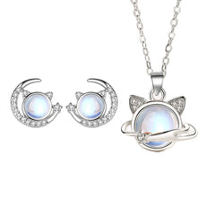 Jewelry Women's Fashion 925 Sterling Silver Opal Moon Crystal Earrings Necklace Set - PeticaDeals