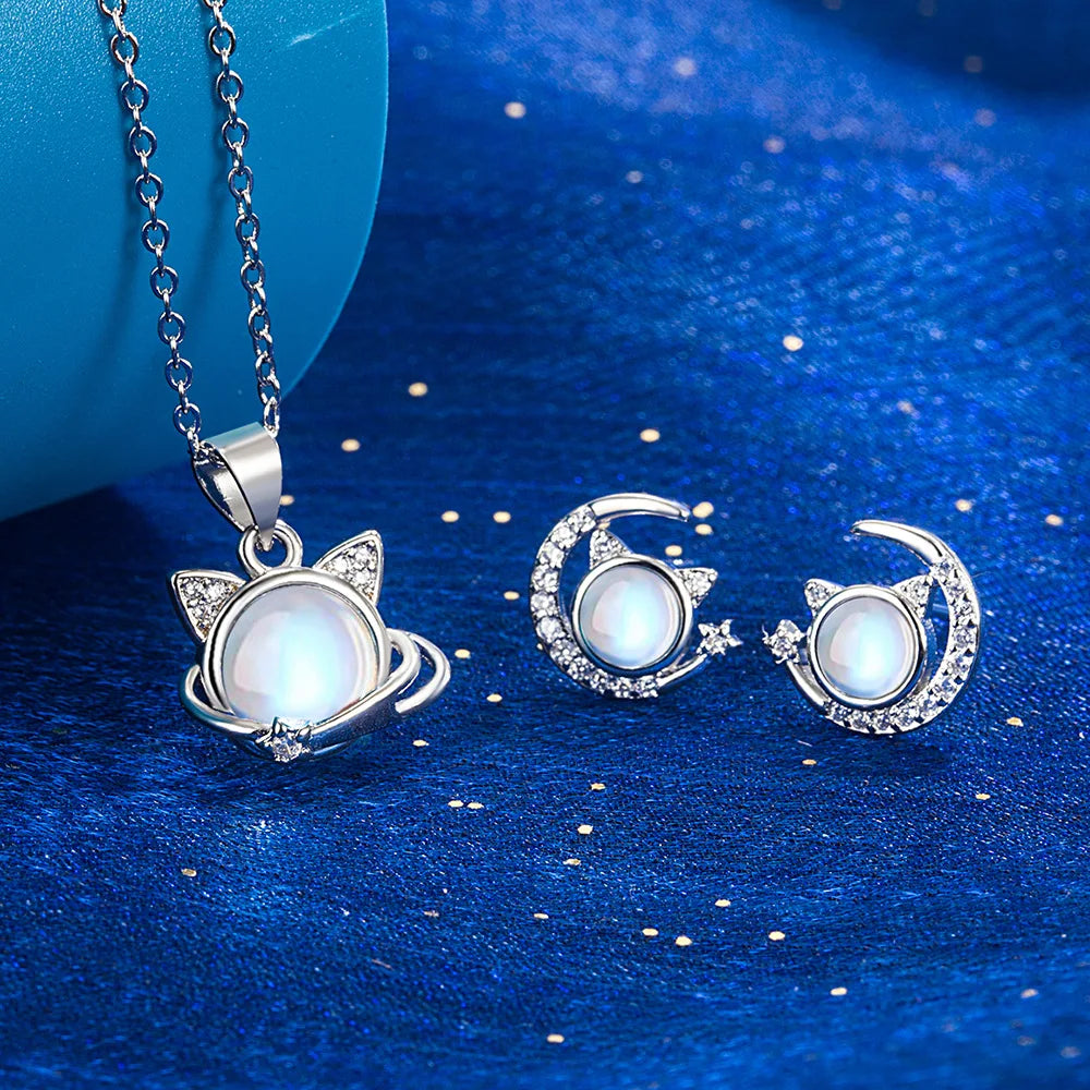 Jewelry Women's Fashion 925 Sterling Silver Opal Moon Crystal Earrings Necklace Set - PeticaDeals