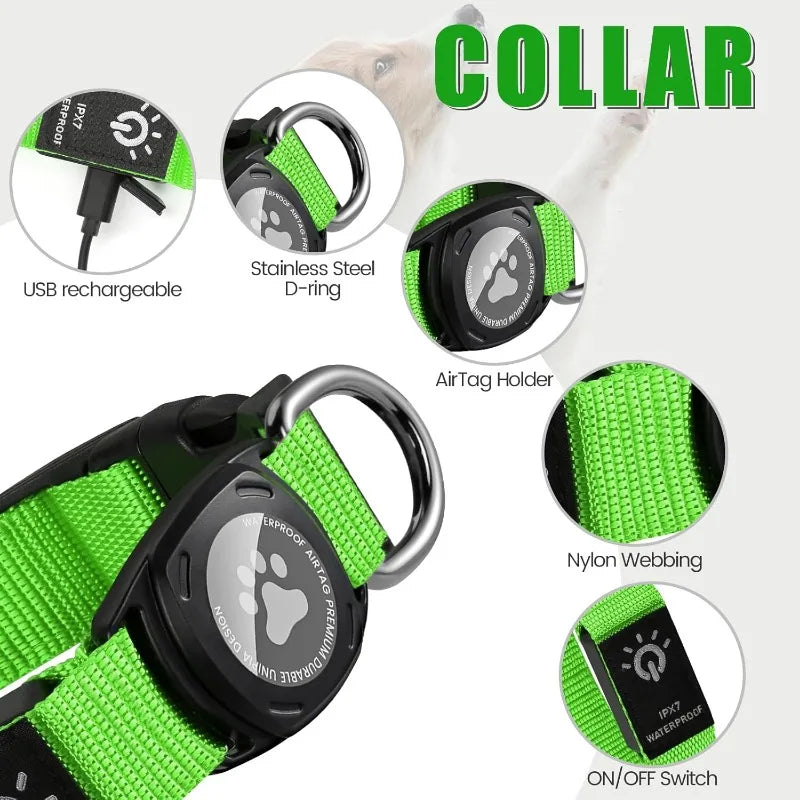 Led Luminous Heavy Duty Dog Collar with AirTag Case Rechargeable Adjustable - PeticaDeals