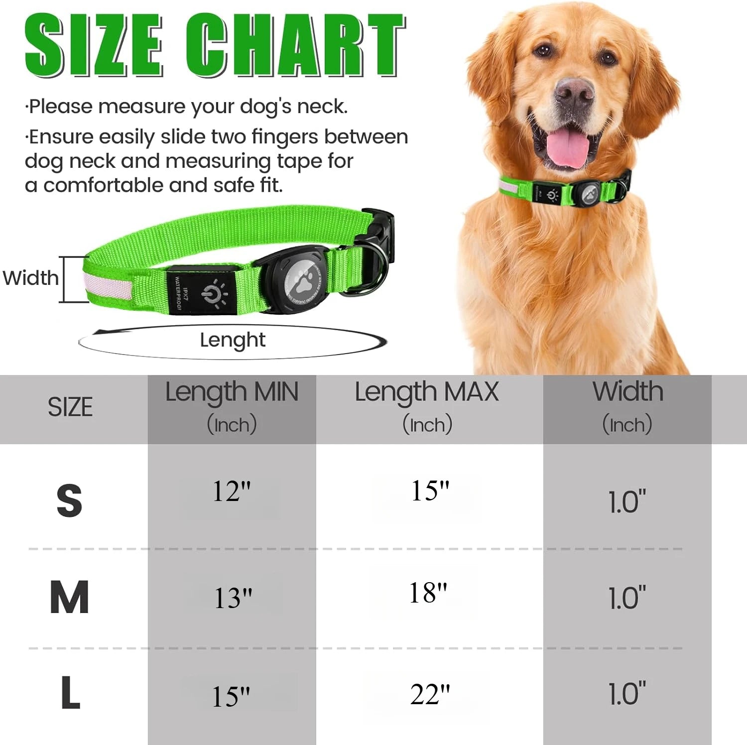 Led Luminous Heavy Duty Dog Collar with AirTag Case Rechargeable Adjustable - PeticaDeals