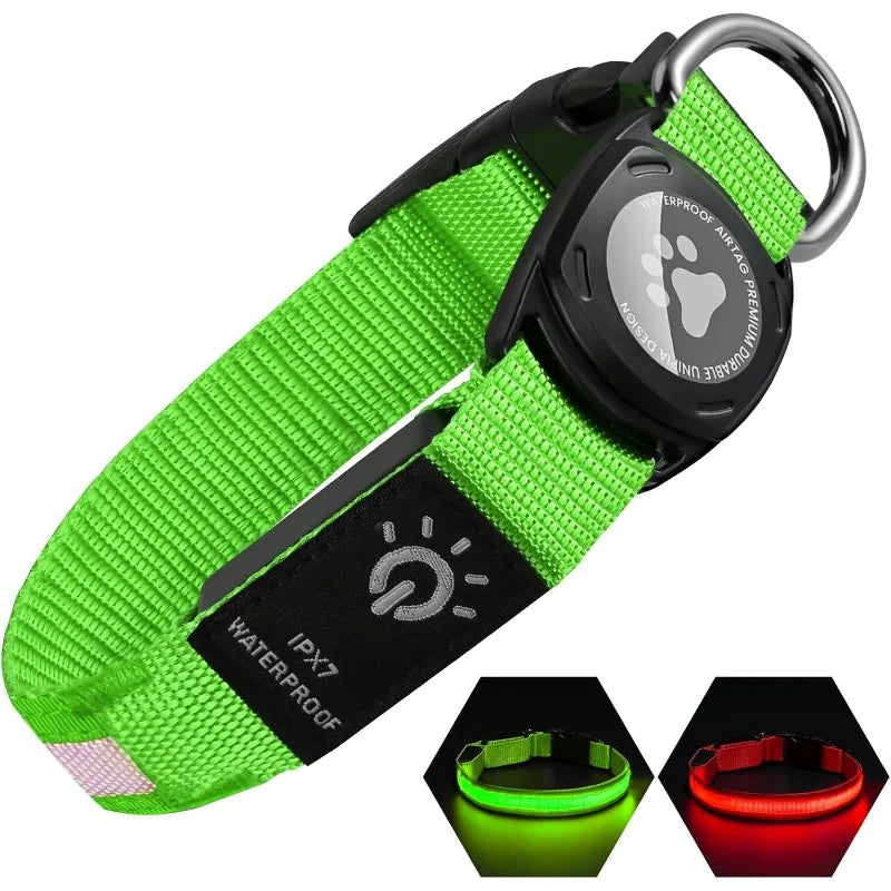 Led Luminous Heavy Duty Dog Collar with AirTag Case Rechargeable Adjustable - PeticaDeals
