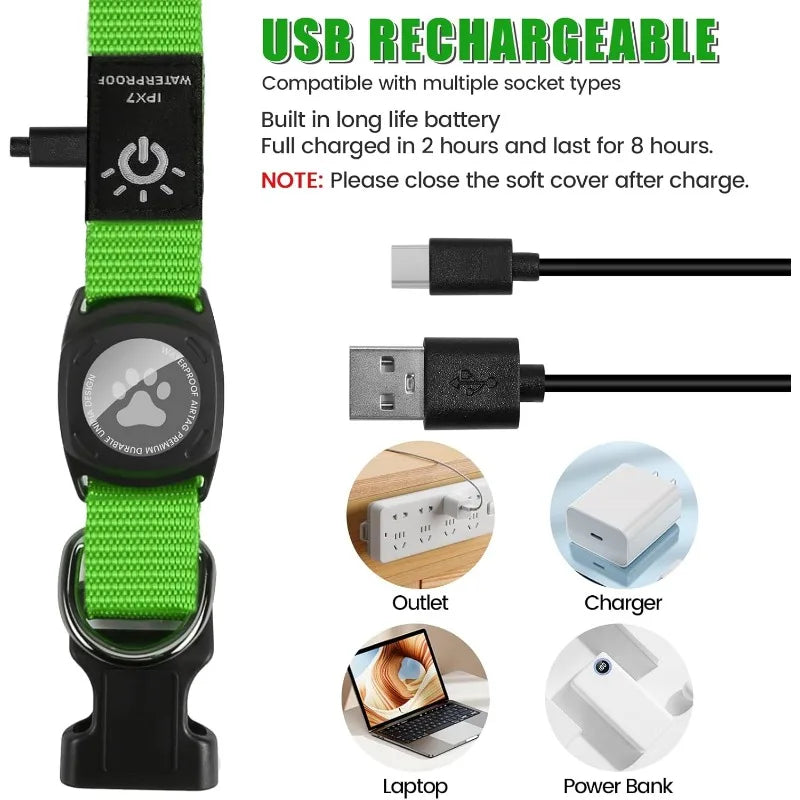 Led Luminous Heavy Duty Dog Collar with AirTag Case Rechargeable Adjustable - PeticaDeals