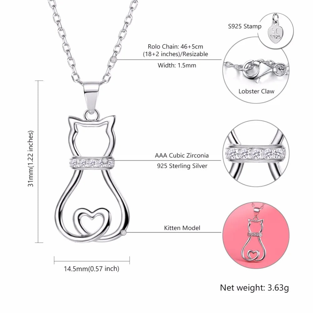 Lovely Cute Animal CZ Women's Fashion Jewelry Sterling Silver Cat Pendant Necklace - PeticaDeals