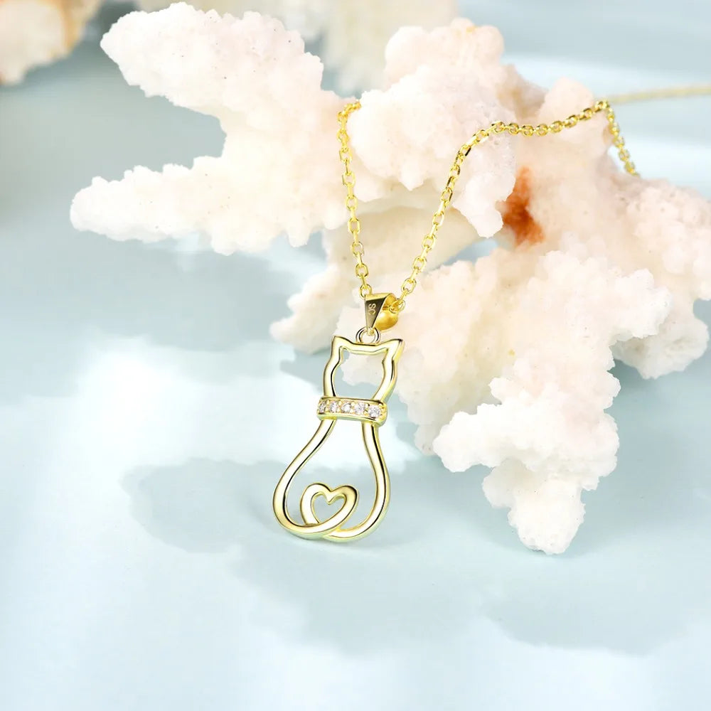 Lovely Cute Animal CZ Women's Fashion Jewelry Sterling Silver Cat Pendant Necklace - PeticaDeals