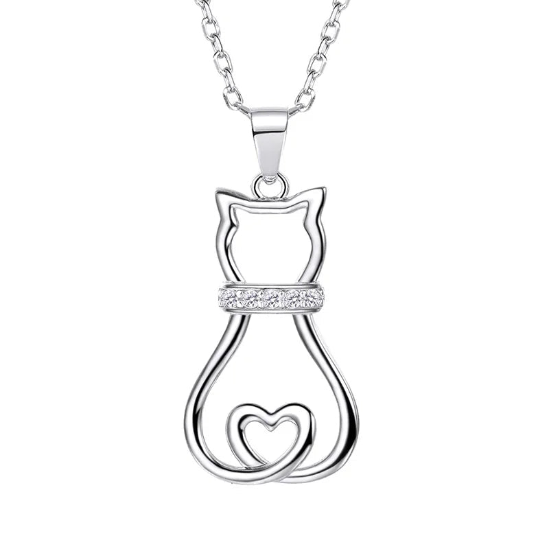 Lovely Cute Animal CZ Women's Fashion Jewelry Sterling Silver Cat Pendant Necklace - PeticaDeals