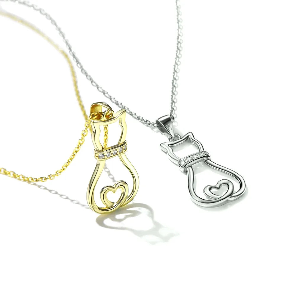Lovely Cute Animal CZ Women's Fashion Jewelry Sterling Silver Cat Pendant Necklace - PeticaDeals