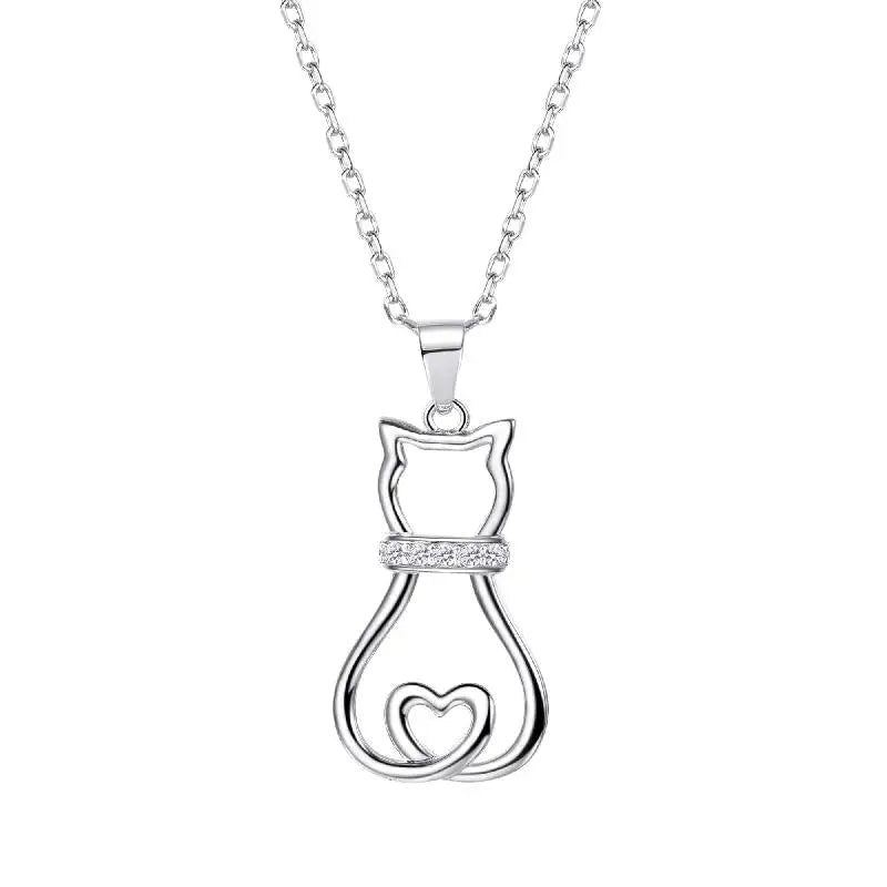 Lovely Cute Animal CZ Women's Fashion Jewelry Sterling Silver Cat Pendant Necklace - PeticaDeals