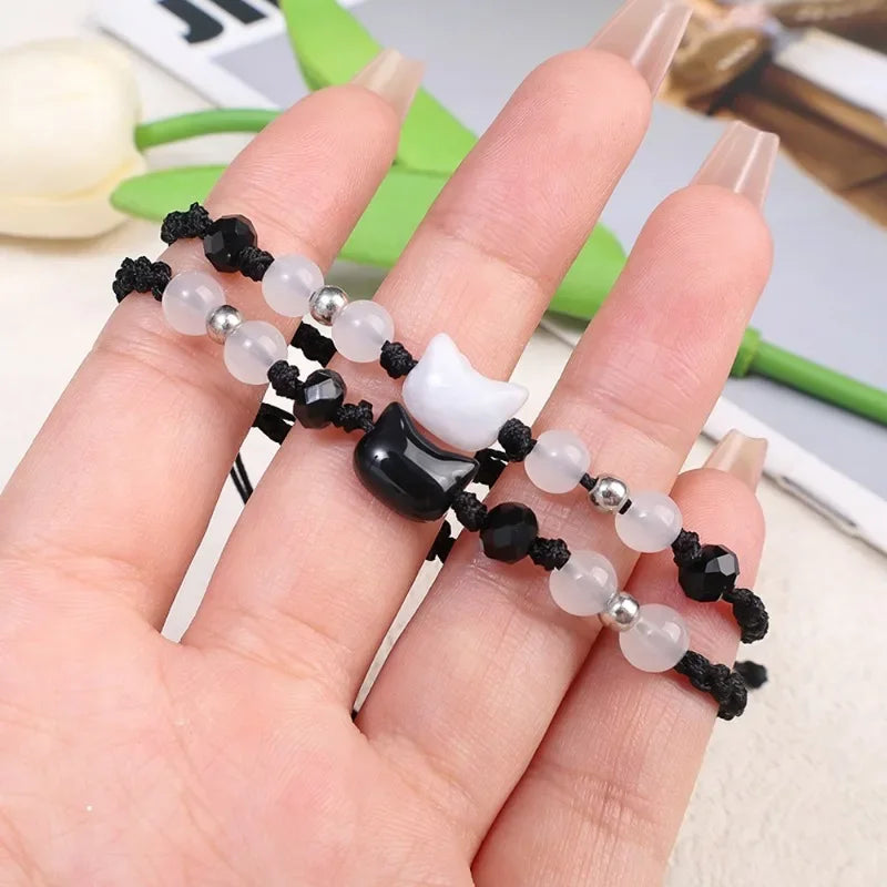 Lovely Handmade Cute Black & White Cat Couple Bracelet Natural Moonstone - PeticaDeals