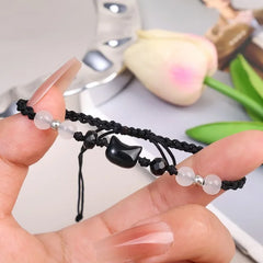Lovely Handmade Cute Black & White Cat Couple Bracelet Natural Moonstone - PeticaDeals