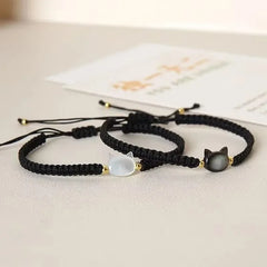 Lovely Handmade Cute Black & White Cat Couple Bracelet Natural Moonstone - PeticaDeals