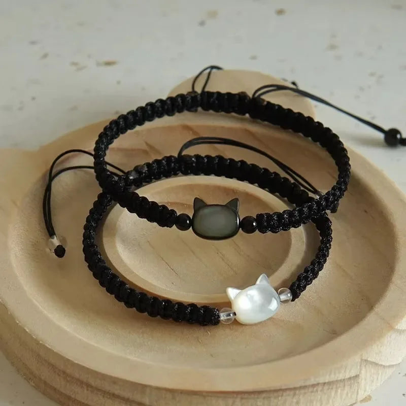 Lovely Handmade Cute Black & White Cat Couple Bracelet Natural Moonstone - PeticaDeals