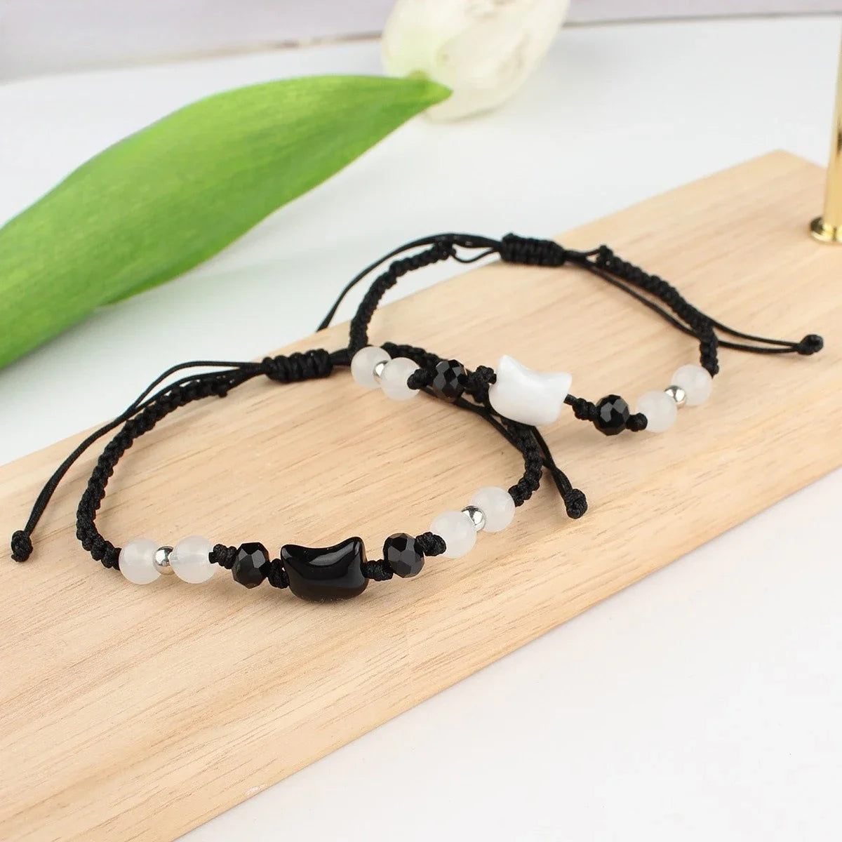 Lovely Handmade Cute Black & White Cat Couple Bracelet Natural Moonstone - PeticaDeals