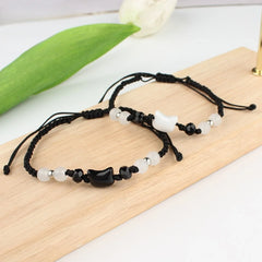 Lovely Handmade Cute Black & White Cat Couple Bracelet Natural Moonstone - PeticaDeals