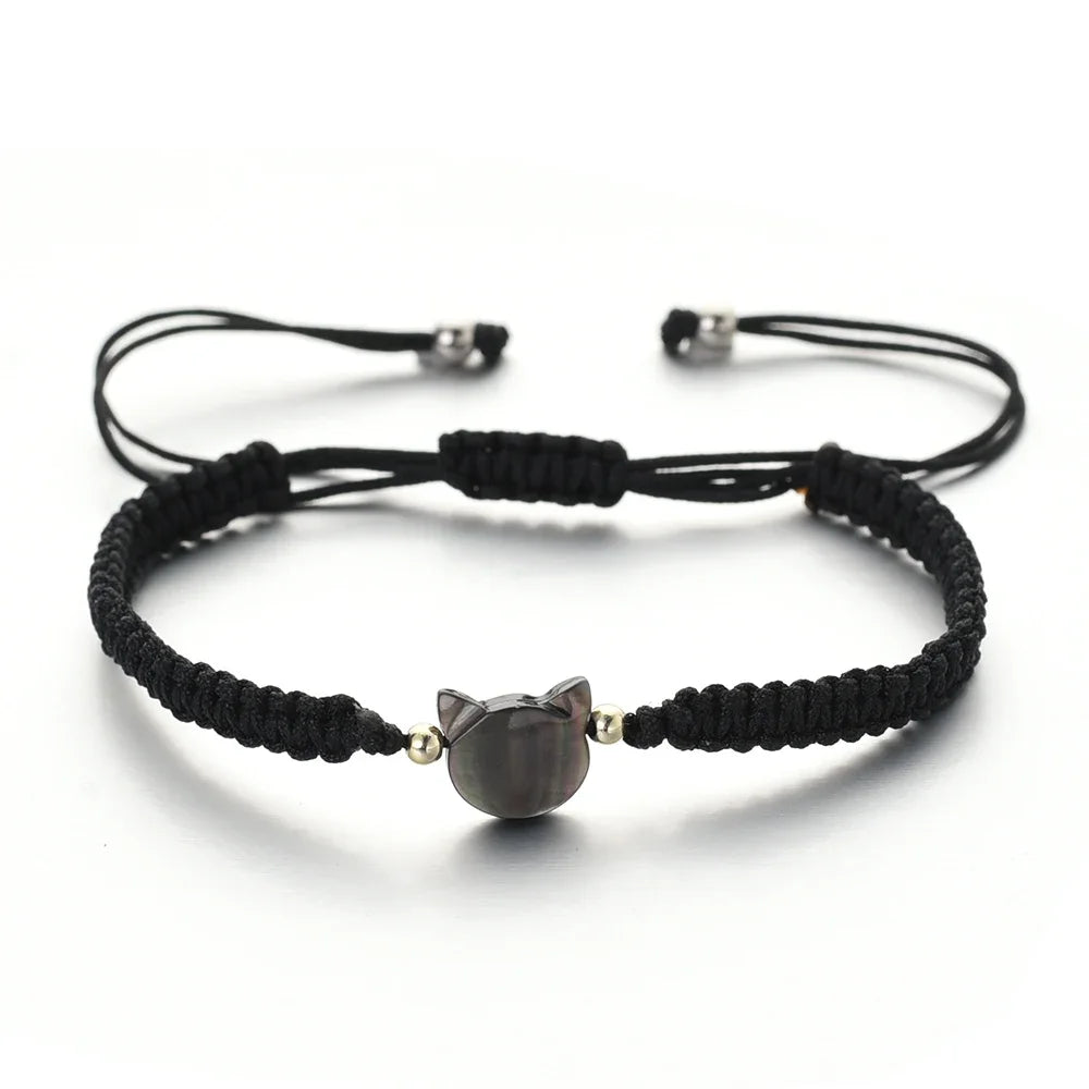 Lovely Handmade Cute Black & White Cat Couple Bracelet Natural Moonstone - PeticaDeals