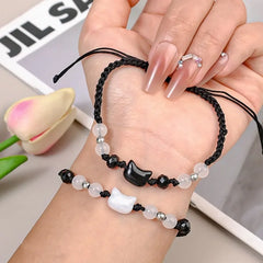 Lovely Handmade Cute Black & White Cat Couple Bracelet Natural Moonstone - PeticaDeals