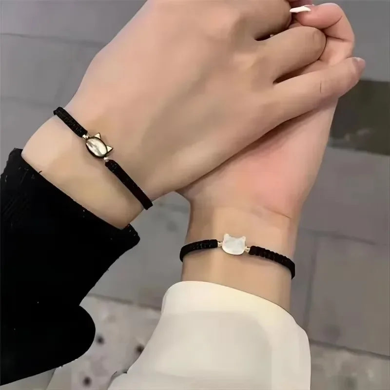 Lovely Handmade Cute Black & White Cat Couple Bracelet Natural Moonstone - PeticaDeals