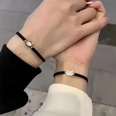 Lovely Handmade Cute Black & White Cat Couple Bracelet Natural Moonstone - PeticaDeals