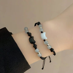 Lovely Handmade Cute Black & White Cat Couple Bracelet Natural Moonstone - PeticaDeals