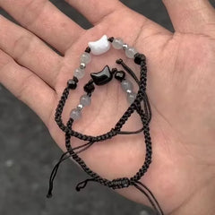 Lovely Handmade Cute Black & White Cat Couple Bracelet Natural Moonstone - PeticaDeals