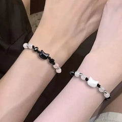 Lovely Handmade Cute Black & White Cat Couple Bracelet Natural Moonstone - PeticaDeals
