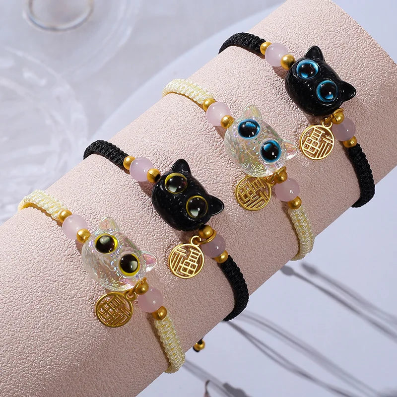 Lucky Blue Big Eye Black Cat Bracelets for Women Handmade Braided Bracelets - PeticaDeals