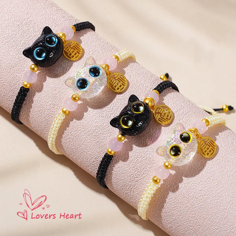 Lucky Blue Big Eye Black Cat Bracelets for Women Handmade Braided Bracelets - PeticaDeals