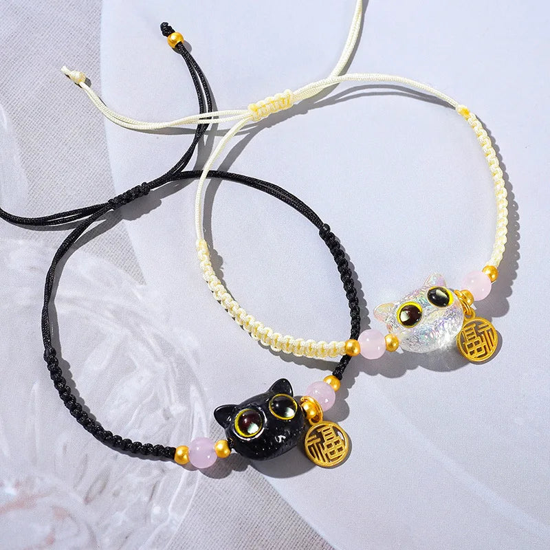 Lucky Blue Big Eye Black Cat Bracelets for Women Handmade Braided Bracelets - PeticaDeals
