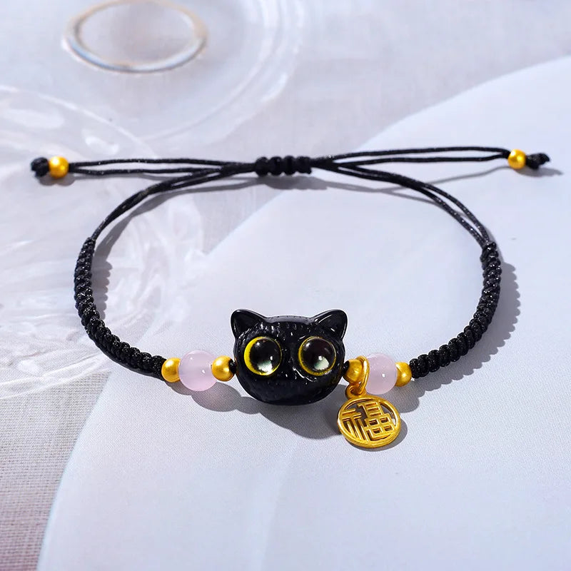 Lucky Blue Big Eye Black Cat Bracelets for Women Handmade Braided Bracelets - PeticaDeals