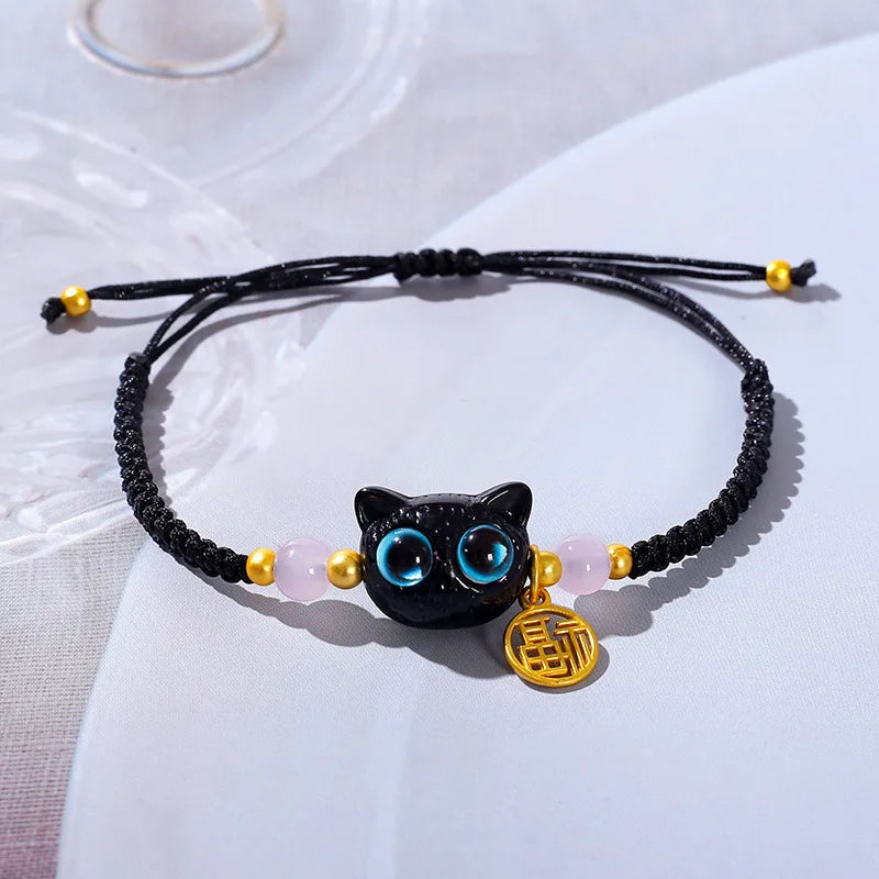 Lucky Blue Big Eye Black Cat Bracelets for Women Handmade Braided Bracelets - PeticaDeals