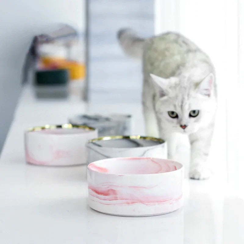 Marbling Cat Ceramics Bowl with Wood Stand - PeticaDeals