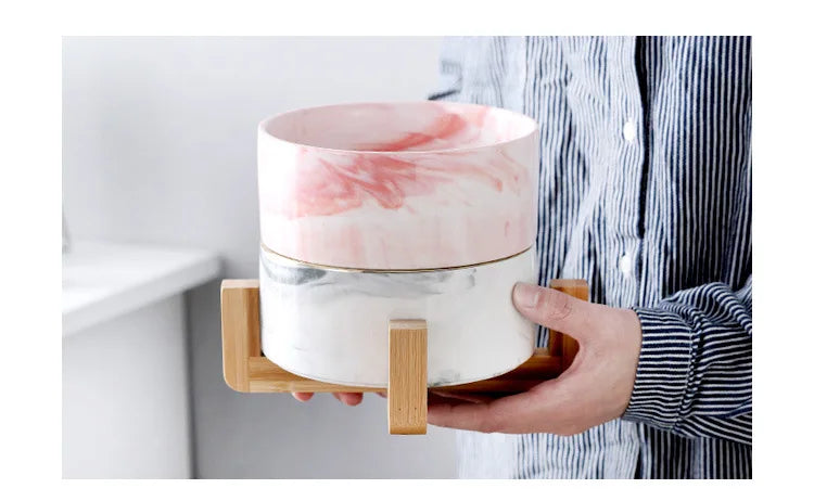 Marbling Cat Ceramics Bowl with Wood Stand - PeticaDeals