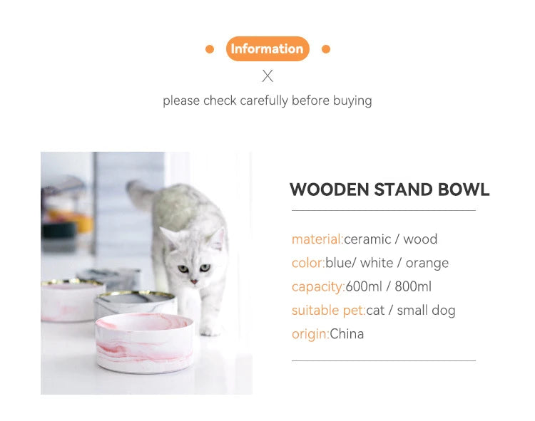 Marbling Cat Ceramics Bowl with Wood Stand - PeticaDeals