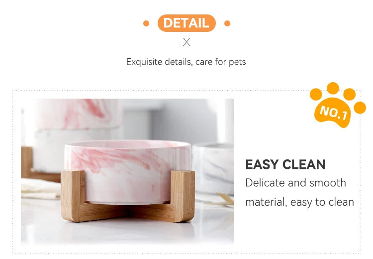 Marbling Cat Ceramics Bowl with Wood Stand - PeticaDeals