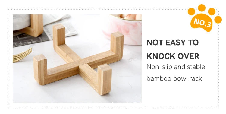 Marbling Cat Ceramics Bowl with Wood Stand - PeticaDeals