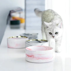 Marbling Cat Ceramics Bowl with Wood Stand - PeticaDeals