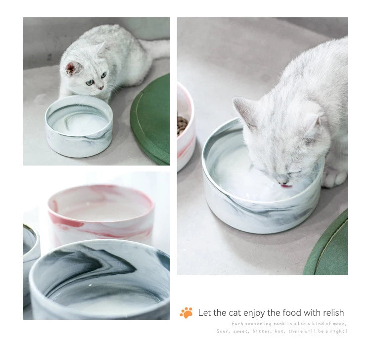 Marbling Cat Ceramics Bowl with Wood Stand - PeticaDeals