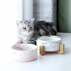 Marbling Cat Ceramics Bowl with Wood Stand - PeticaDeals