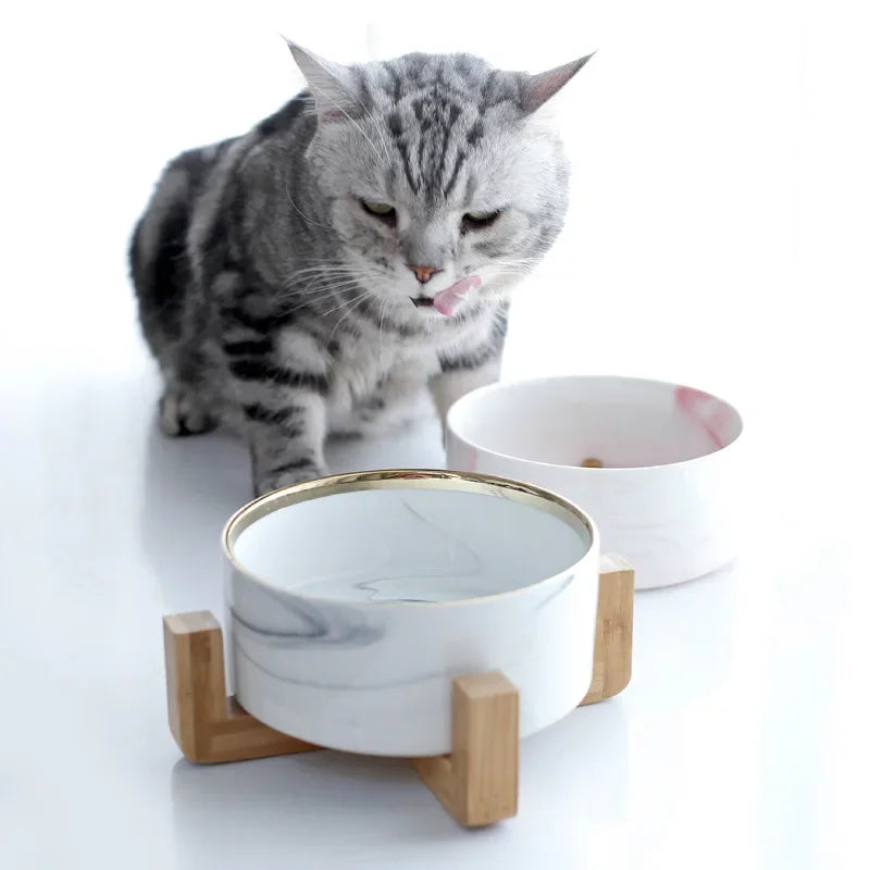 Marbling Cat Ceramics Bowl with Wood Stand - PeticaDeals