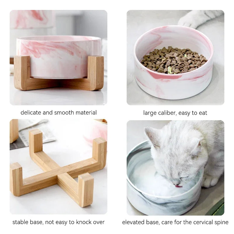 Marbling Cat Ceramics Bowl with Wood Stand - PeticaDeals