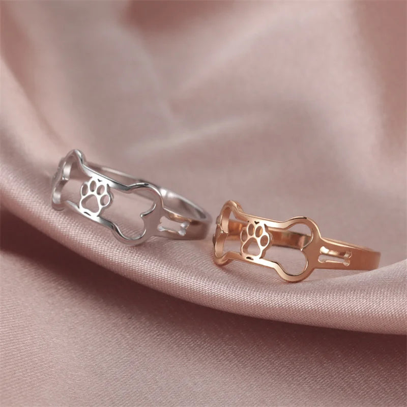 Minimalist Rings Dog Bone Paw Girls Gold Color Stainless Steel Ring Women's - PeticaDeals