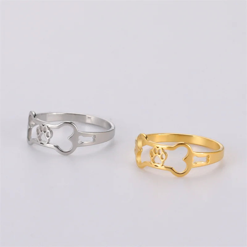 Minimalist Rings Dog Bone Paw Girls Gold Color Stainless Steel Ring Women's - PeticaDeals