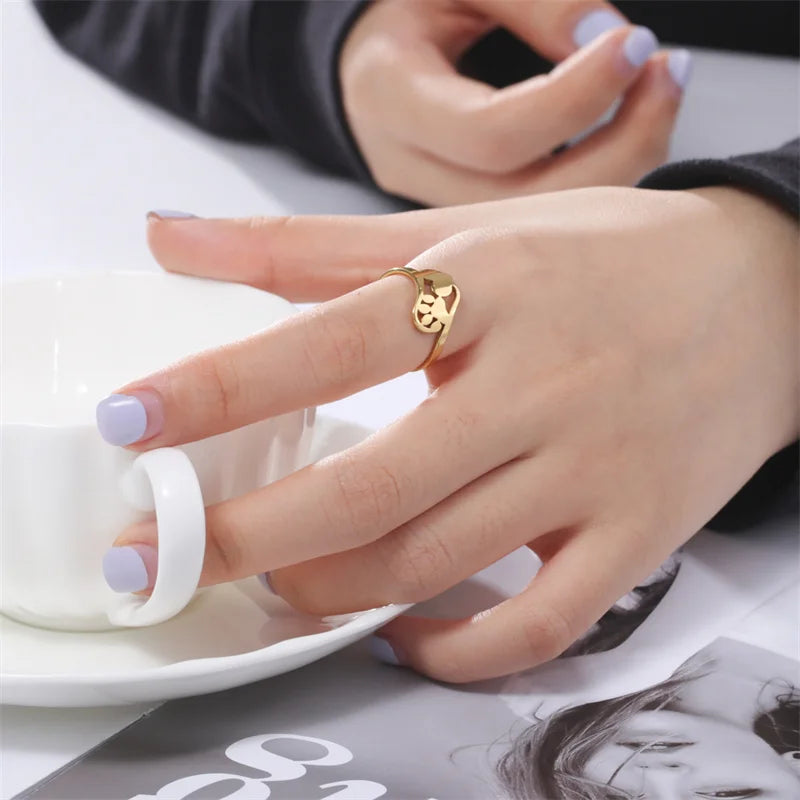 Minimalist Rings Dog Bone Paw Girls Gold Color Stainless Steel Ring Women's - PeticaDeals