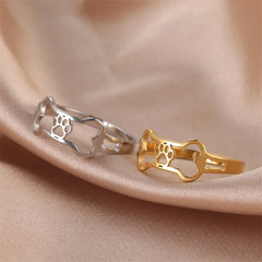 Minimalist Rings Dog Bone Paw Girls Gold Color Stainless Steel Ring Women's - PeticaDeals