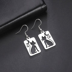 Moon Cat Rectangle Drop Earrings for Women Stainless Steel Jewelry - PeticaDeals