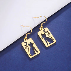 Moon Cat Rectangle Drop Earrings for Women Stainless Steel Jewelry - PeticaDeals