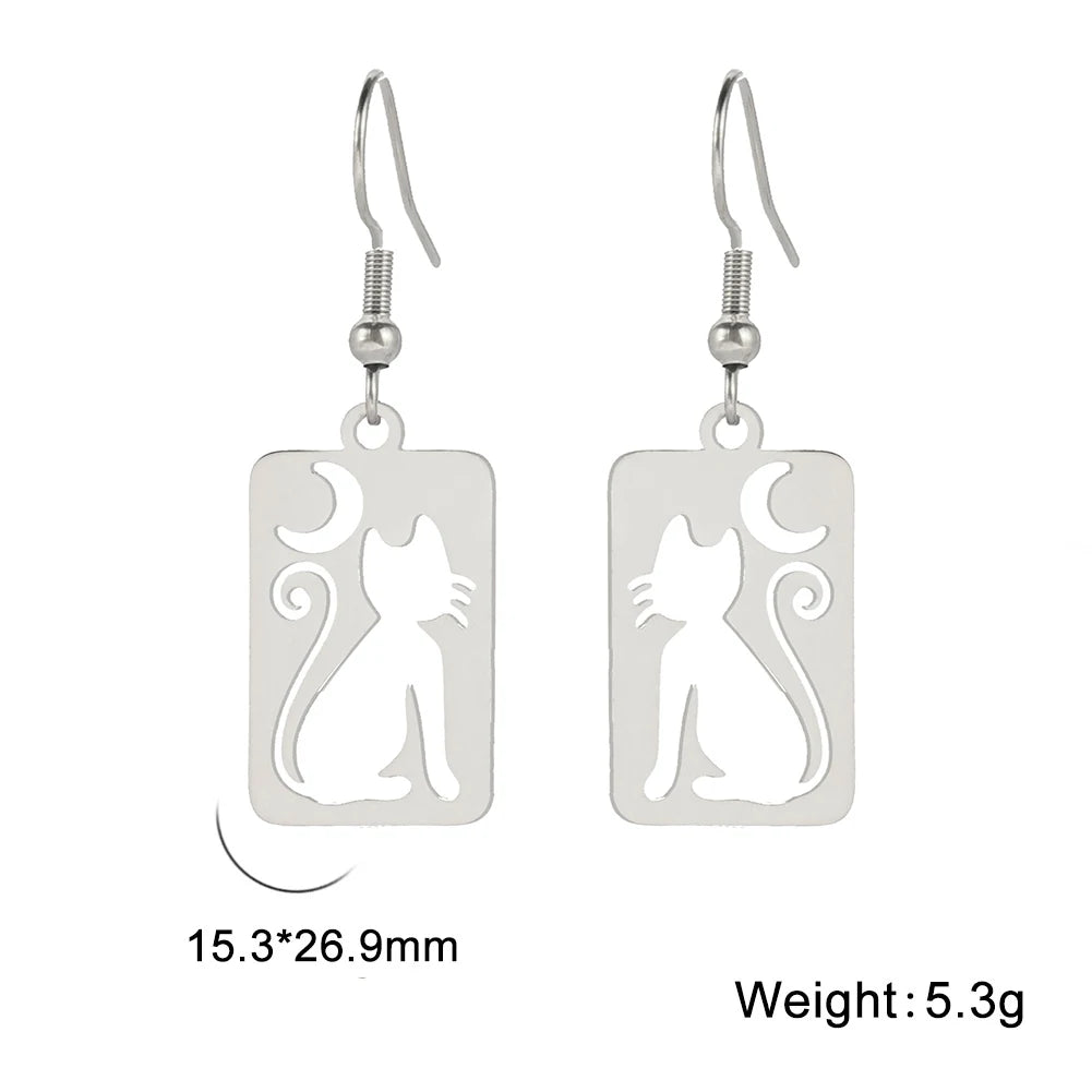 Moon Cat Rectangle Drop Earrings for Women Stainless Steel Jewelry - PeticaDeals