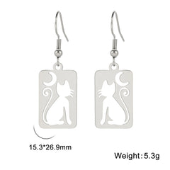 Moon Cat Rectangle Drop Earrings for Women Stainless Steel Jewelry - PeticaDeals